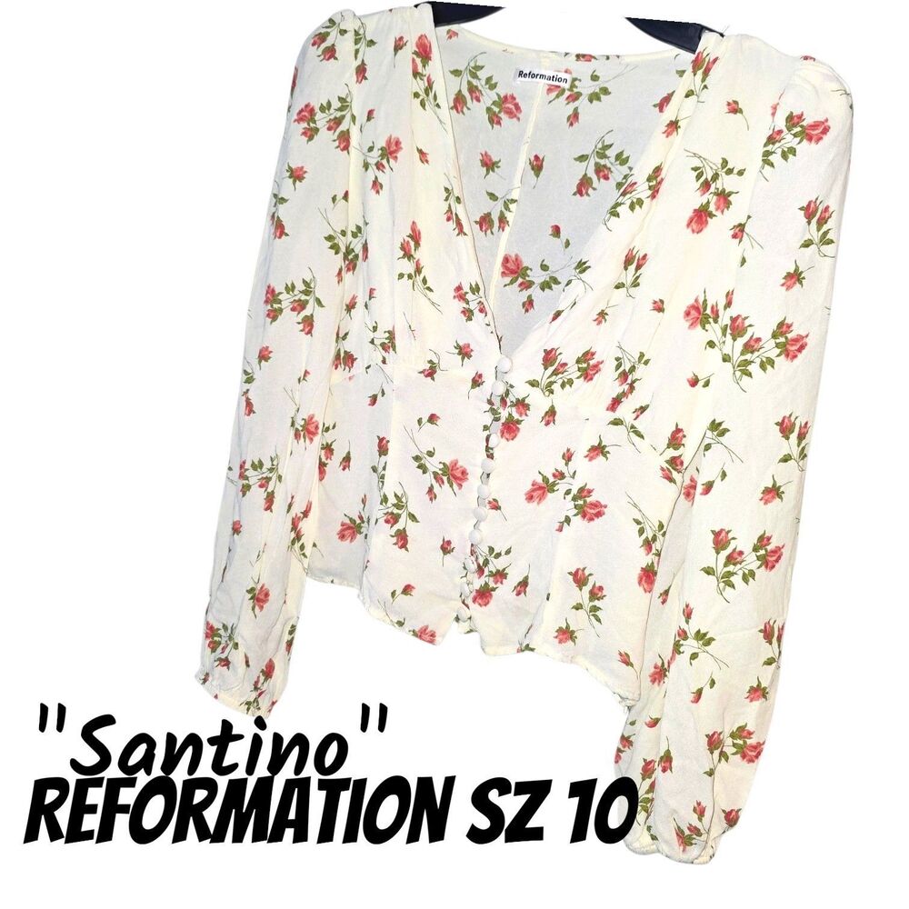 Reformation Santino Sz 10 Cream Floral V Neck Button Front Balloon Sleeve Blouse